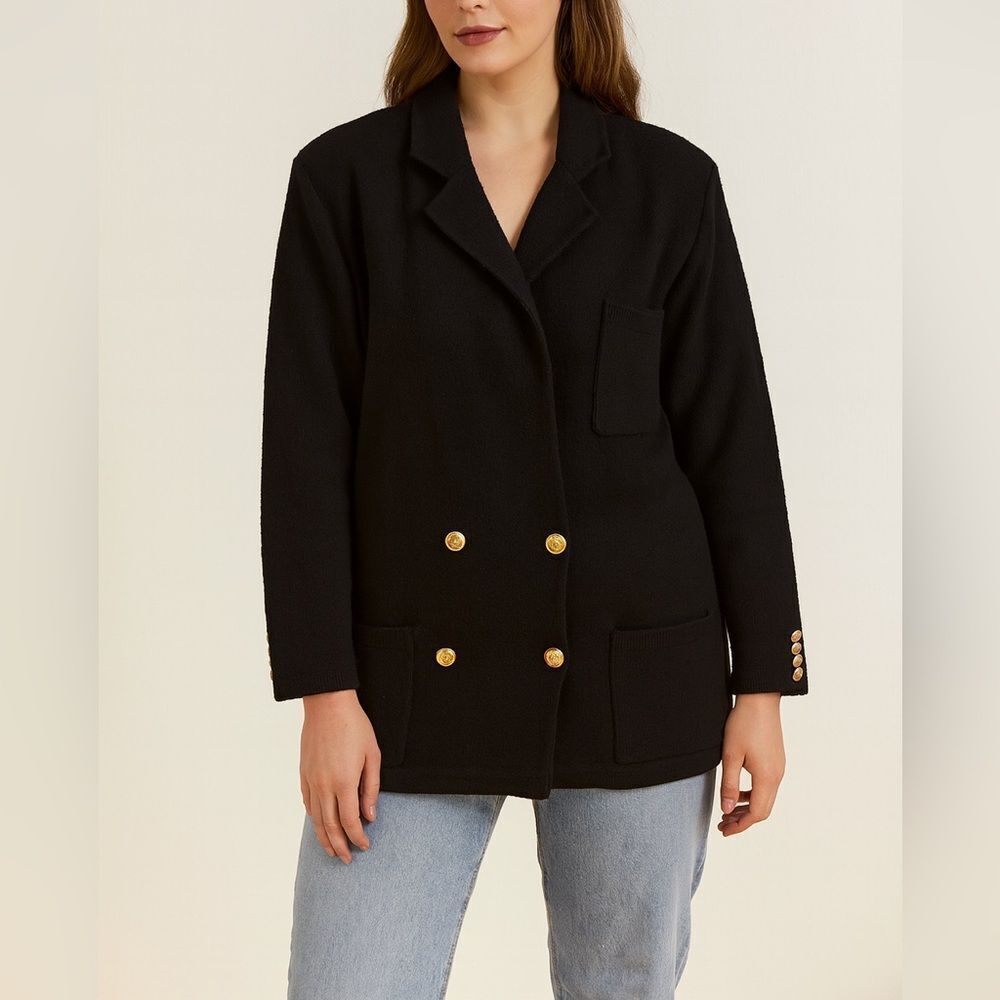 Vintage Design Options Wool Black Double Breasted Blazer Gold Buttons Size S
